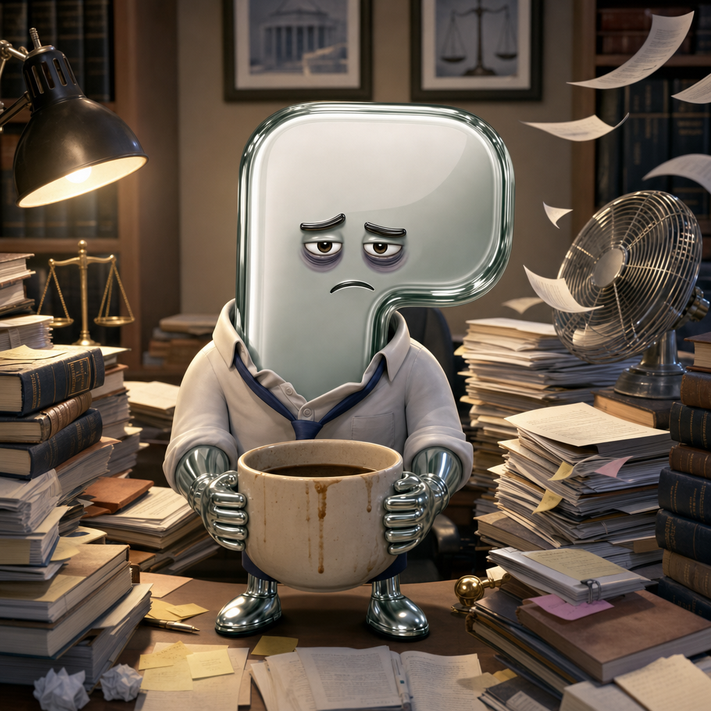 The very tired lawyer holding his coffee, quietly accepting the situation